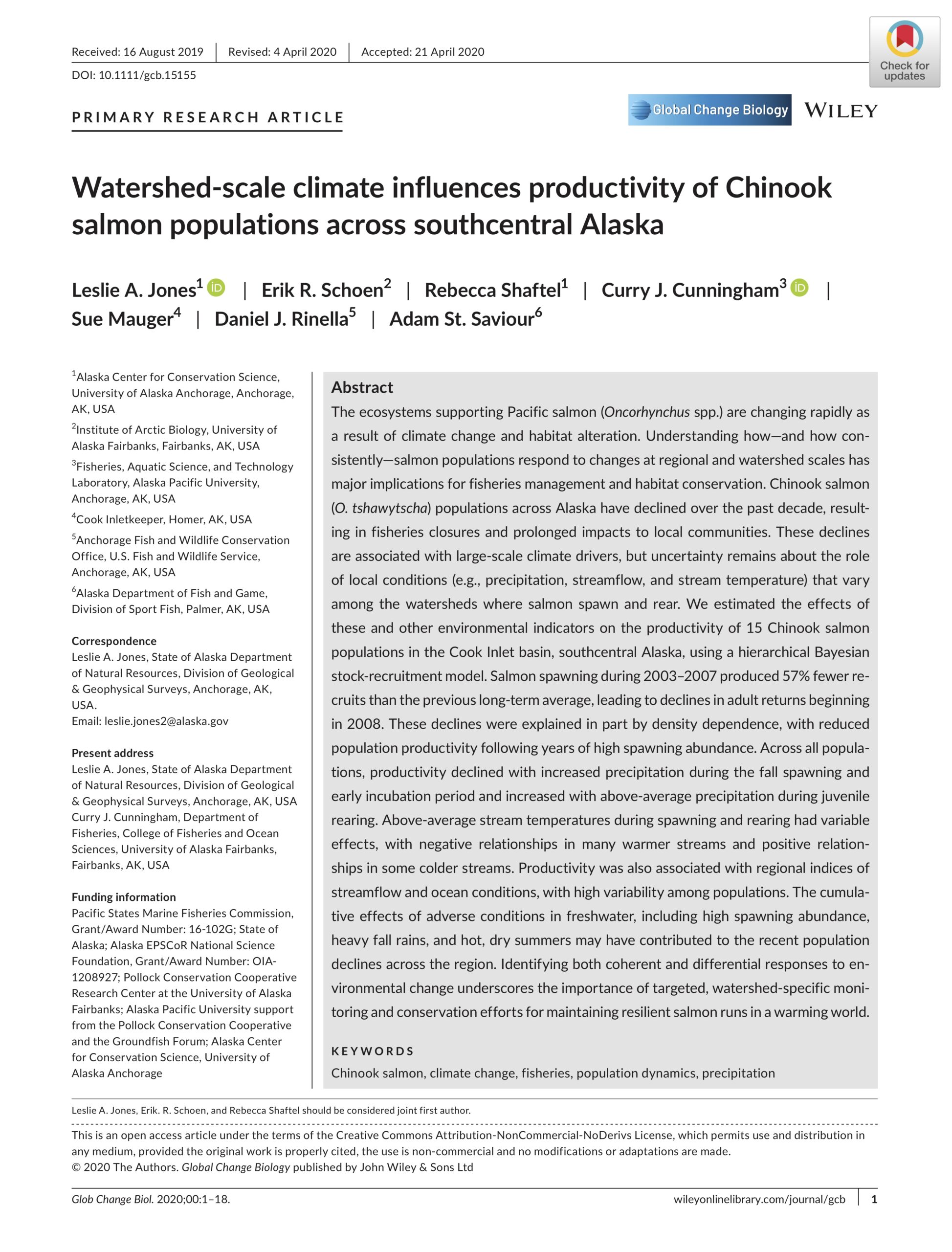 Jones et al. 2020: Watershed‐scale climate influences productivity of Chinook salmon populations across southcentral Alaska