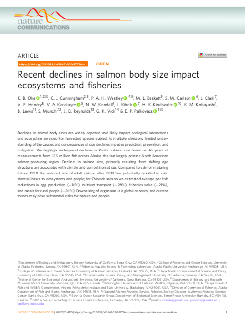Oke et al. 2020: Recent declines in salmon body size impact ecosystems and fisheries